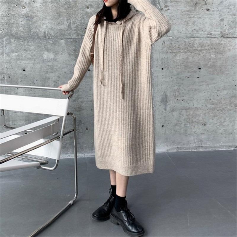 Long base knitted dress women's autumn and winter new with coat inside loose lazy hooded sweater skirt