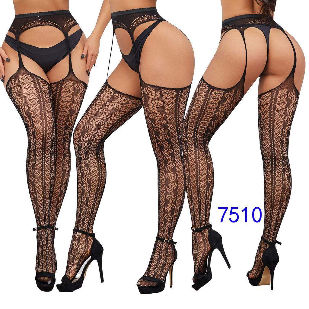 Women's Sexy Crotchless Fishnet Suspender Stockings with Eye Jacquard Design - Style 7501