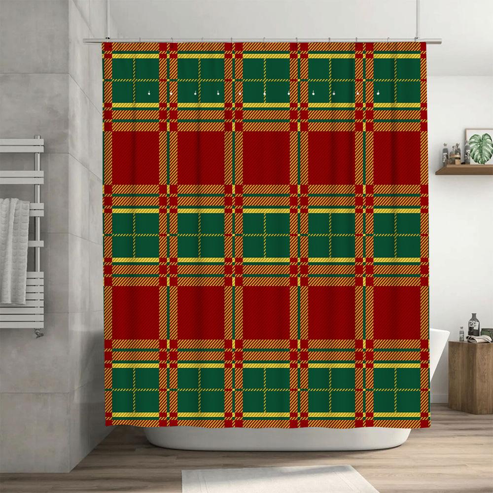 Modern Plaid Shower Curtain SetWaterproof Polyester Fabric with 12 Hooks for Bathroom Decor (Pink/Brown)