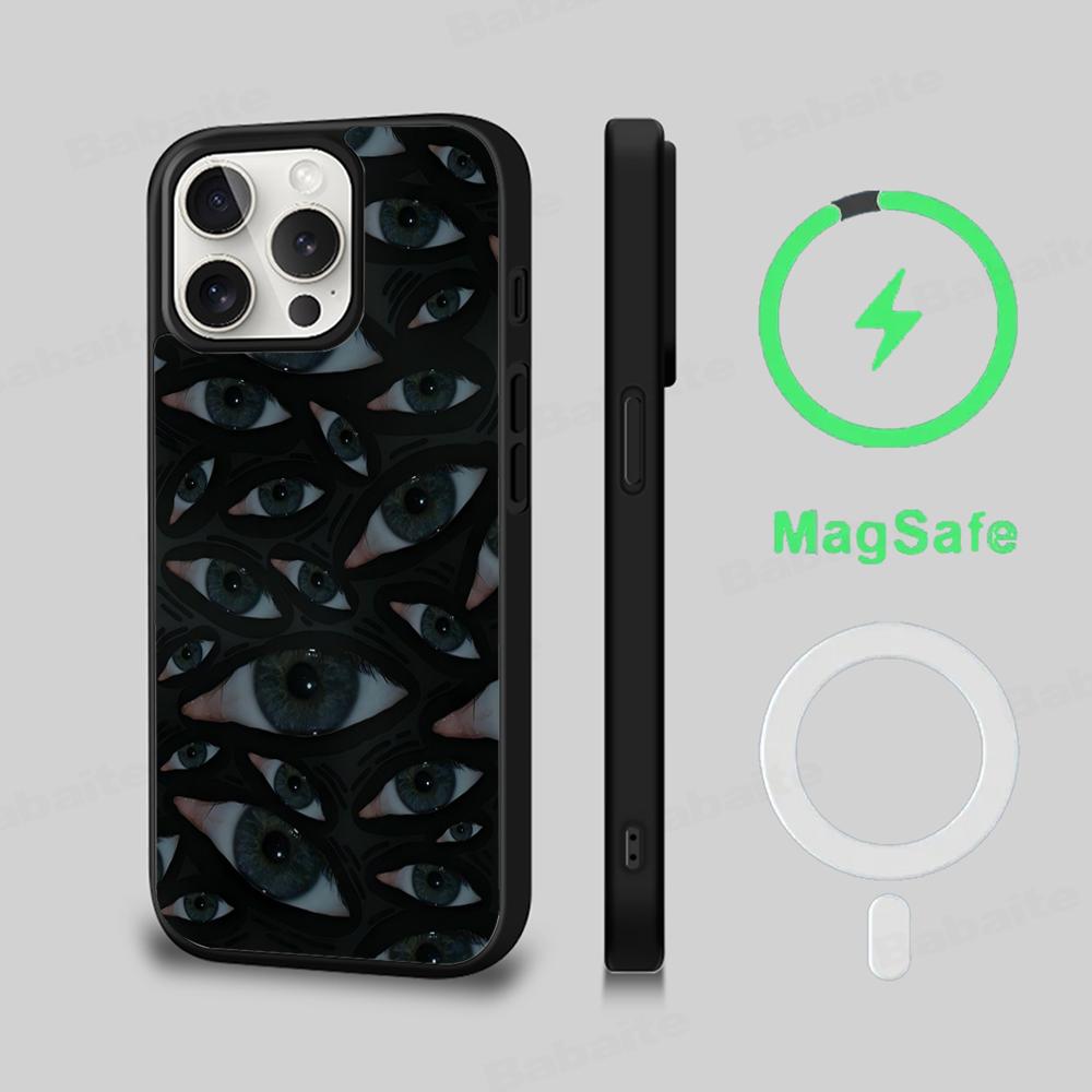 Black Scary Ghost Eye Monstrous Line Art Phone Case Magesafe Magnetic Wireless Charge Case For iPhone 16 14 Pro Max Plus Mini