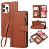For iPhone 15 Pro Case Multi Card Slots Zipper Leather Phone Cover with Wrist Strap