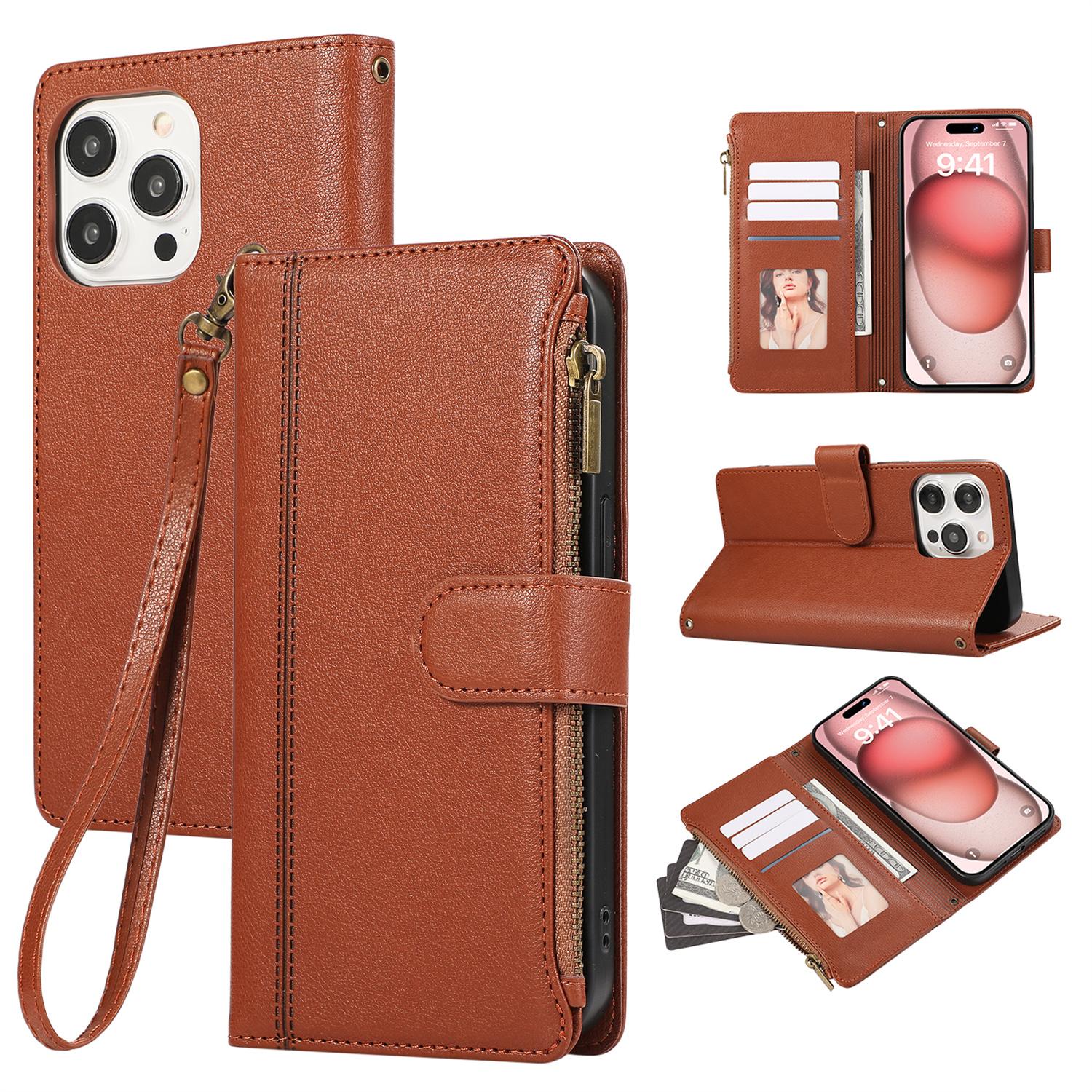 

For iPhone 15 Pro Max Case Multi Card Slots Zipper Leather Phone Cover with Wrist Strap Brown