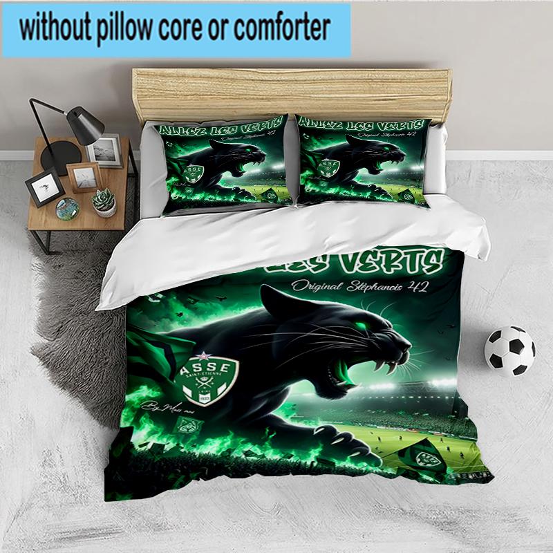 3PCS Green Saint-Etienne Football Bedding set,Ideal for1pc Duvet Cover And 2pcs Pillowcases Perfect for Christmas gift,Ideal for Bedroom, Dormitory