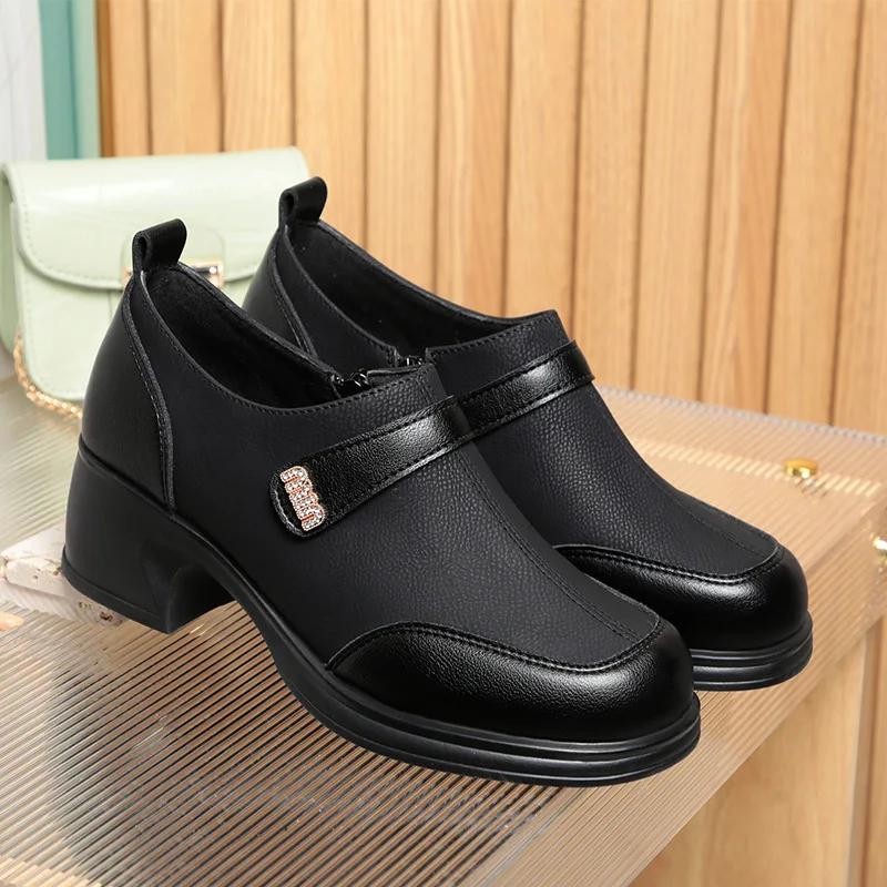 New Slip On Spring Soft Shoes Woman Vintage Ladies Dress Pumps Thick High Heels Platform Shoes Retro Brown Daily