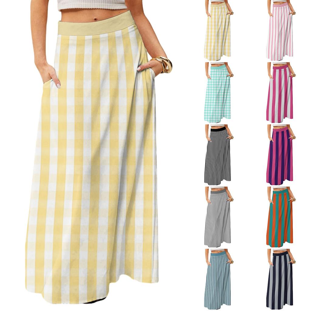 Women's Casual Leisure Foldable Striped Plaid Print High Waist With Pocket Draped  Relaxed Long Maxi Skirt