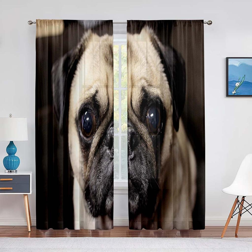 Cute Puppy Pug Dog Twins Tulle Curtains for Living Room Bedroom Home Kitchen Animals Window Sheer Voile Curtains Chiffon Drapes