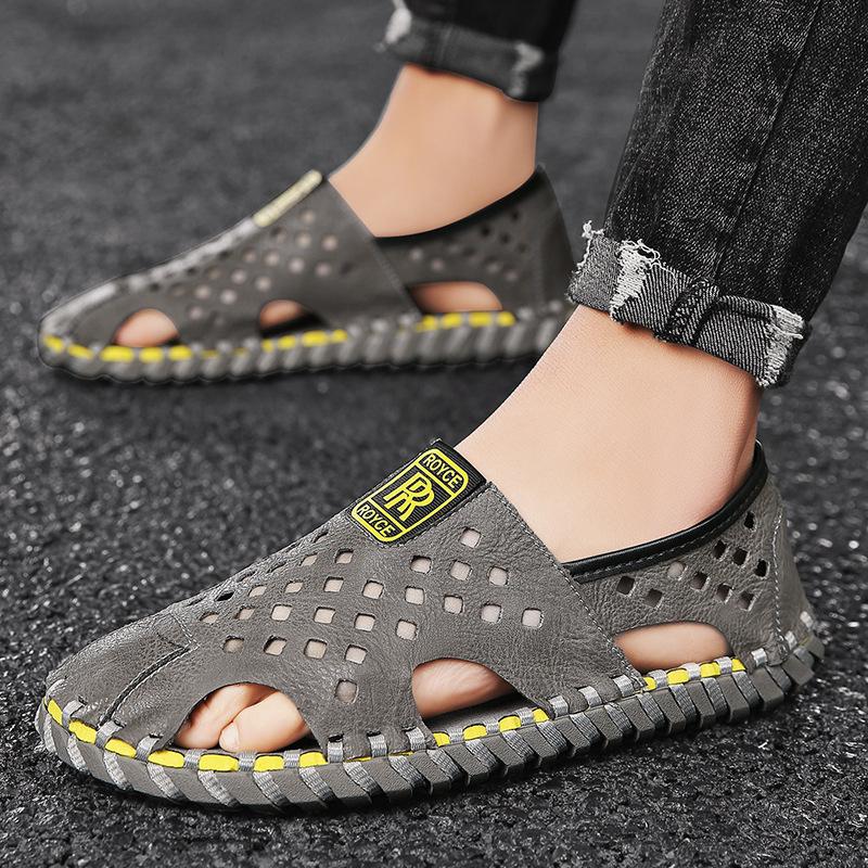 

2025 summer new breathable soft-soled men s casual shoes hollowed out hand-stitched sandals bag head outer hole shoes 44