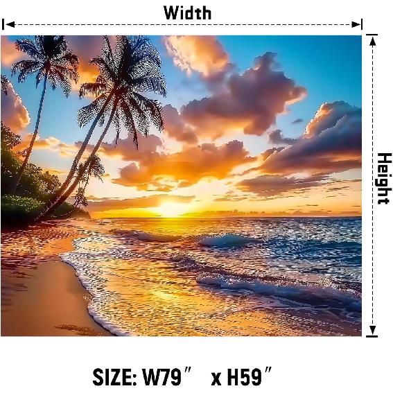AOHMPT Ocean Sunset Tapestry, Beach Evening Sunset Tapestry, Natural Beach Palm Tree Landscape Poster, Seaside Landscape Wall Hanging for Bedroom,