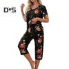 2 Pçs/Conjunto Pijamas Femininos Verão Estampa Floral Decote Em V Manga Curta Camisa Elástica Cintura Curta Calças Curtas Roupa de Casa Roupa Casual Pijamas de Primavera