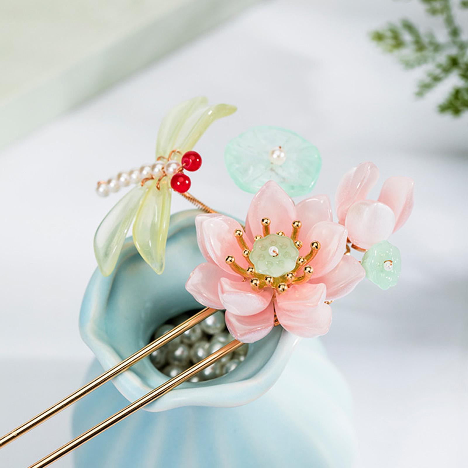 

Lotus Dragonfly Hairpin Chinese Hanfu Hair Sticks U Shape Hairpin for Women 18cm Elegant Hair Accessories for Wedding Party