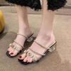Thick Heel Cool Slippers Women's Summer Wear 2025 New French Rhinestone Middle Heel with Sandals Crystal High Heels