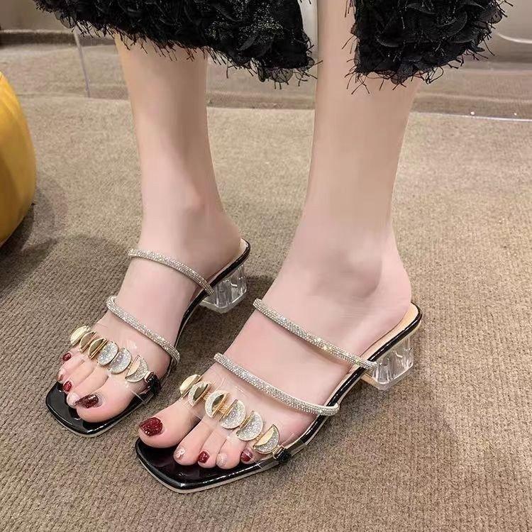 Thick Heel Cool Slippers Women's Summer Wear 2025 New French Rhinestone Middle Heel with Sandals Crystal High Heels