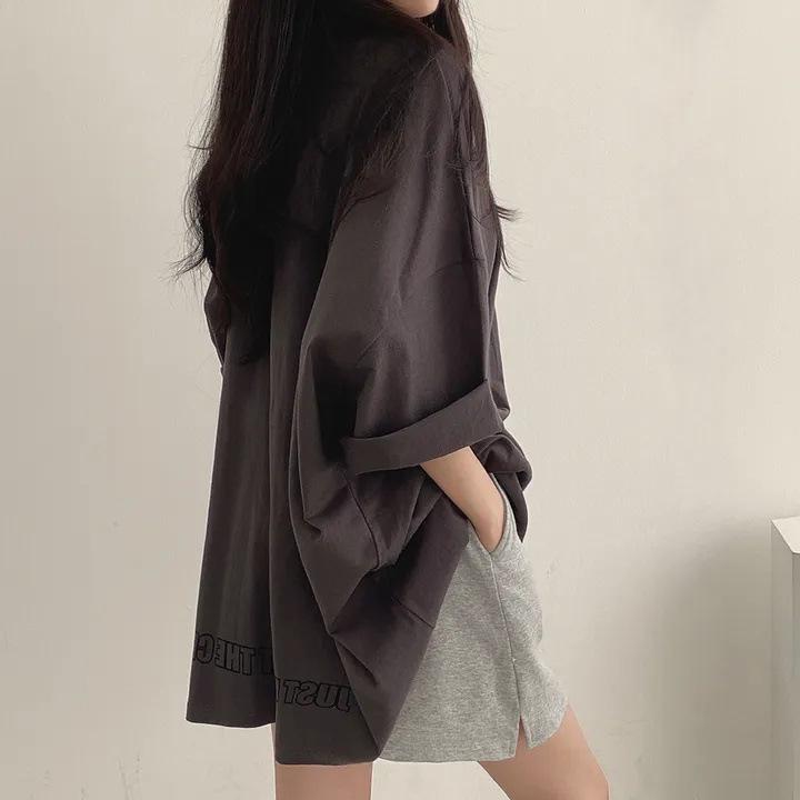 Spring Solid Simple Oversized T-shirt Summer Women Harajuku Long T Shirt Goth T-shirts Split White Black Long Sleeve Tops