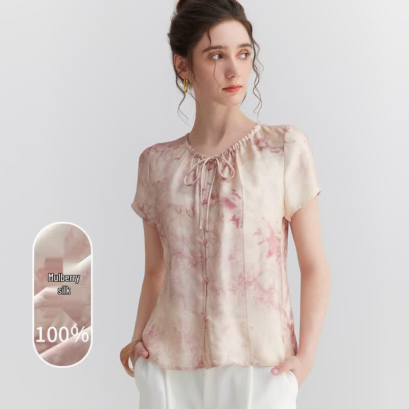 Snowforte Mulberry Silk Print Short-Sleeve Top L
