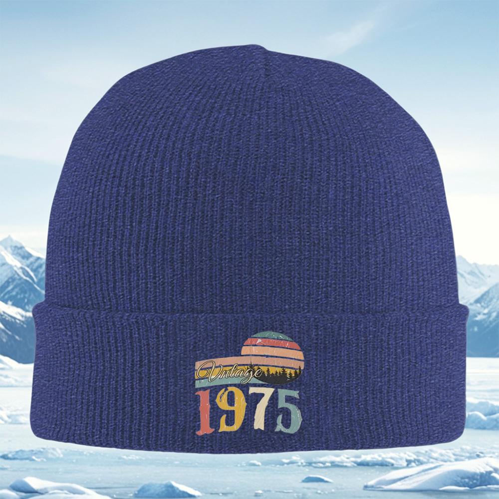 Vintage 1975 retro sun,trees design Men Women Unisex Knitted Hat Beanie Pullover Cap Winter Thermal Warm Christmas Outdoor Cycli