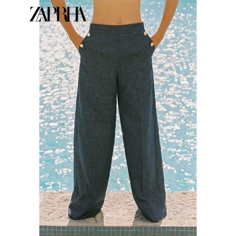 Zaprha2025 Summer New Linen Blend Button Decoration High Waist Drape Wide Leg Casual Trousers 7935785
