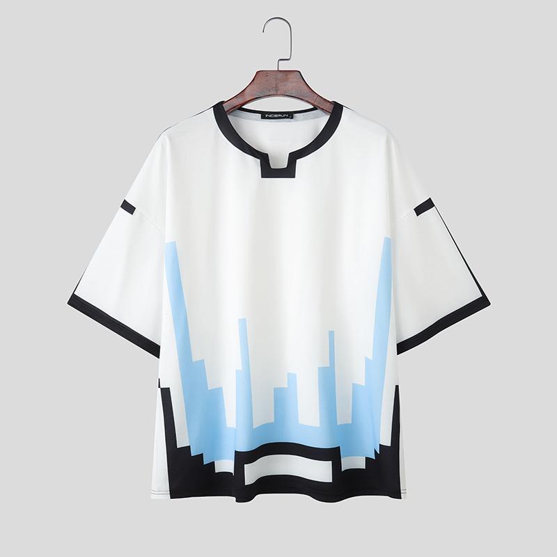 INCERUN Sommer Herren Kurzarm Druck Lässige Lockere T-Shirts Tops 2XL blau