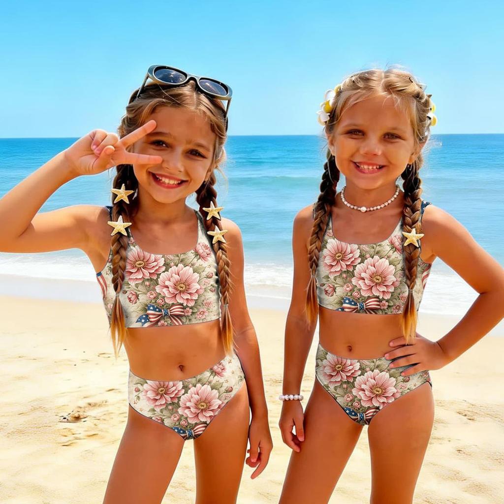 Conjunto de Bikini de Dos Piezas para Niñas, Top Tankini y Braguita, Ropa de Baño de Verano para Niños, Traje de Baño con Estampado del Día de la Independencia