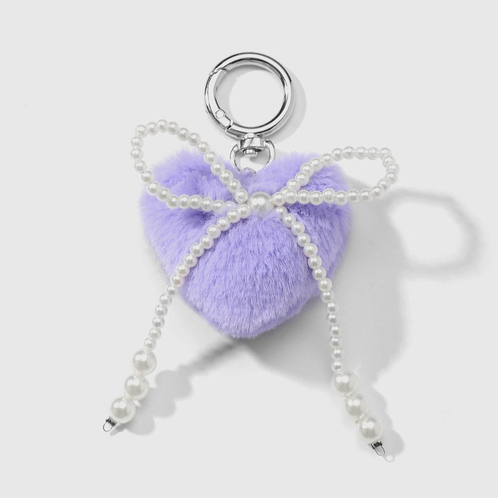 Simple Versatile Plush Heart Faux Pearl Bow Keychain Bag Charm
