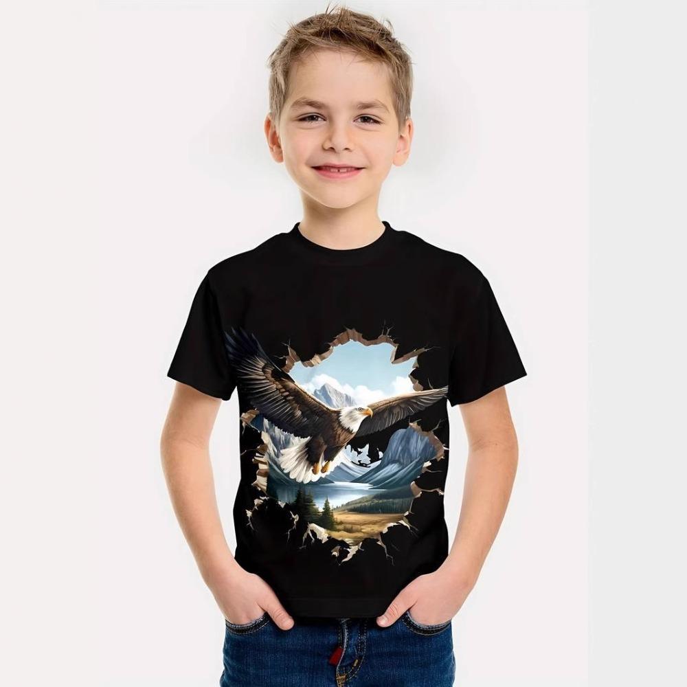 Boys' Short-Sleeved 3D Digital Print Casual T-Shirt with Eagle Design