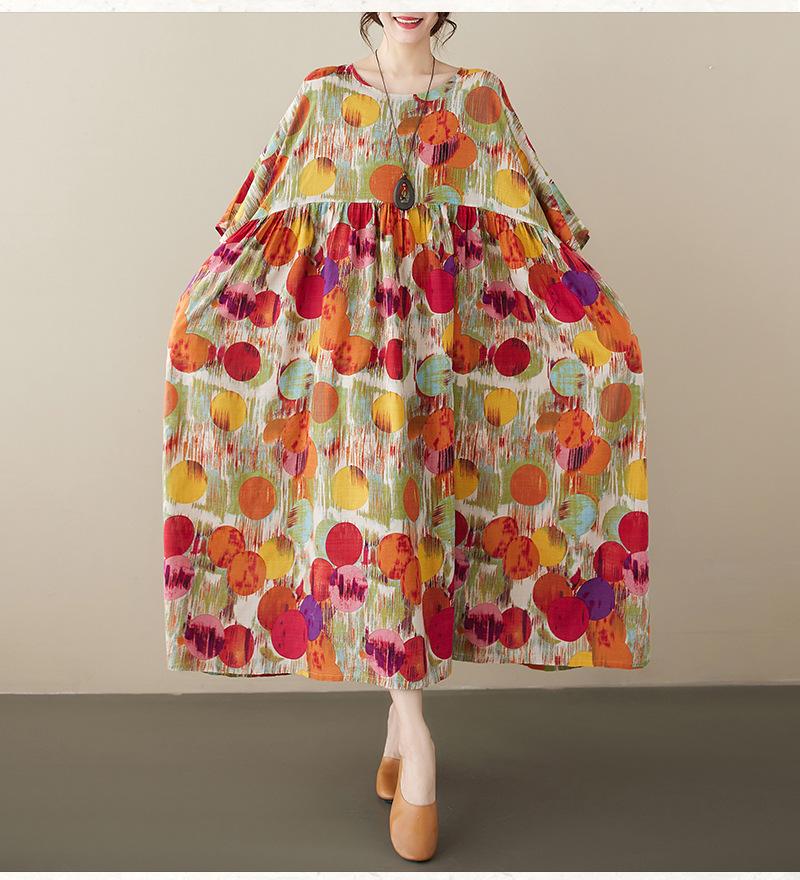 Plus Size Floral Dress Cotton Linen Round Neck Travel Dress Summer Large Size Vintage Loose Bohemian Long Dress Women's Clothing