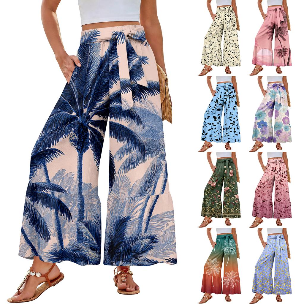 Pantalon décontracté large pour femme, Stretch, Taille haute, Ourlet à volants, Jambes larges, Ceinture, Et poches