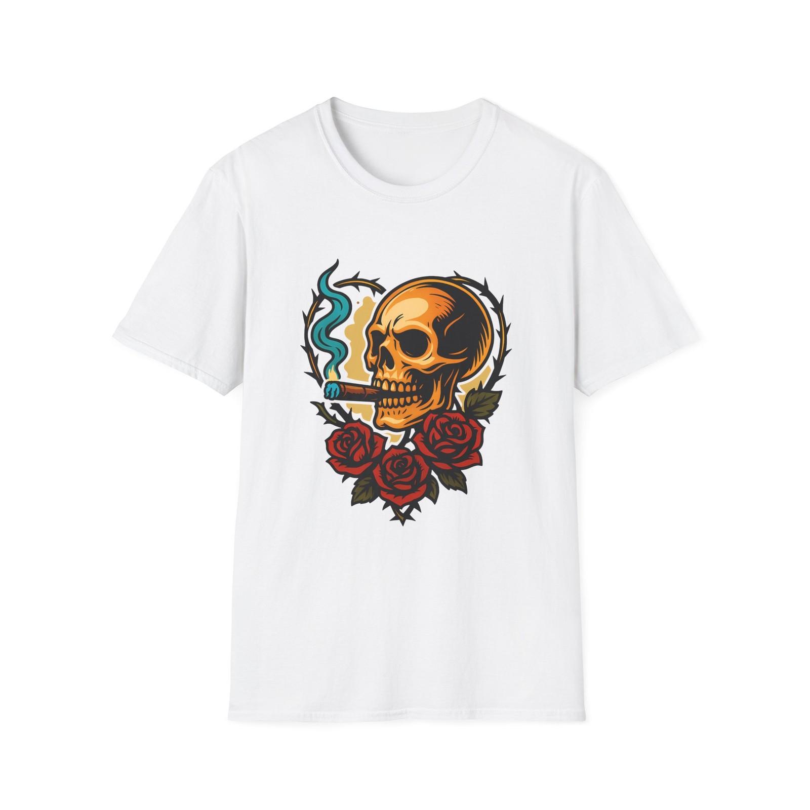 Unisex Softstyle T-Shirt Skull Cigar Roses Thorns Tattoo S