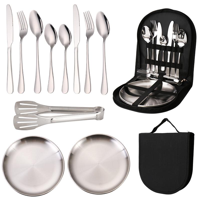 Outdoor Stainless Steel Tableware Set Portable Travel Knife and Fork Camping High-end Barbecue Plate Food Clip Spoon Set