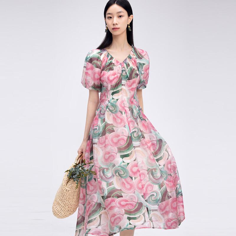 French Rose Print V-Neck Short Sleeve Dress S