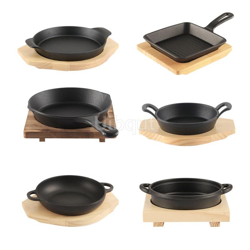 Skillet With Wooden Base pasta Cast Iron Fajita Plate Wooden Base steak Baker Cast Iron pan tray Roastin paella pan pots and pan