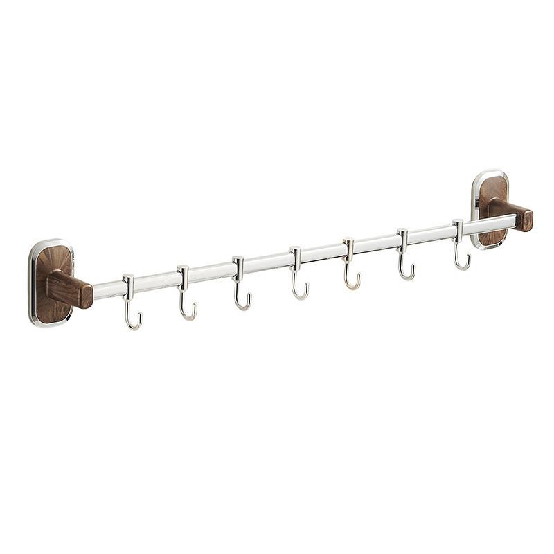 Wooden Grain Wall Mount Nopunch Kitchen Hooks With Multiple Steel Hangers For Cooking Utensils