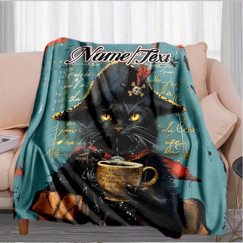 1PC Custom Name Pirate Cat Coffee outdooor Flannel blankets Throw Blanket All-Season Throw Gift Bedspread for Couch, Bed, Camping Holiday Birthday gif