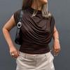C25TP449 Women's Solid Color Sleeveless Slim Fit High Neck Draped Top
