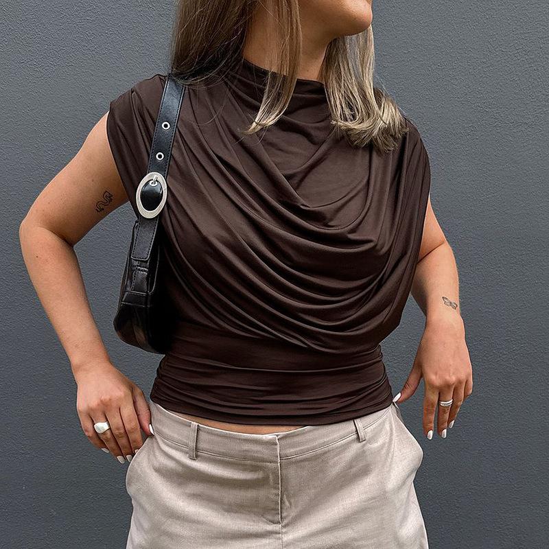 C25TP449 Women's Solid Color Sleeveless Slim Fit High Neck Draped Top