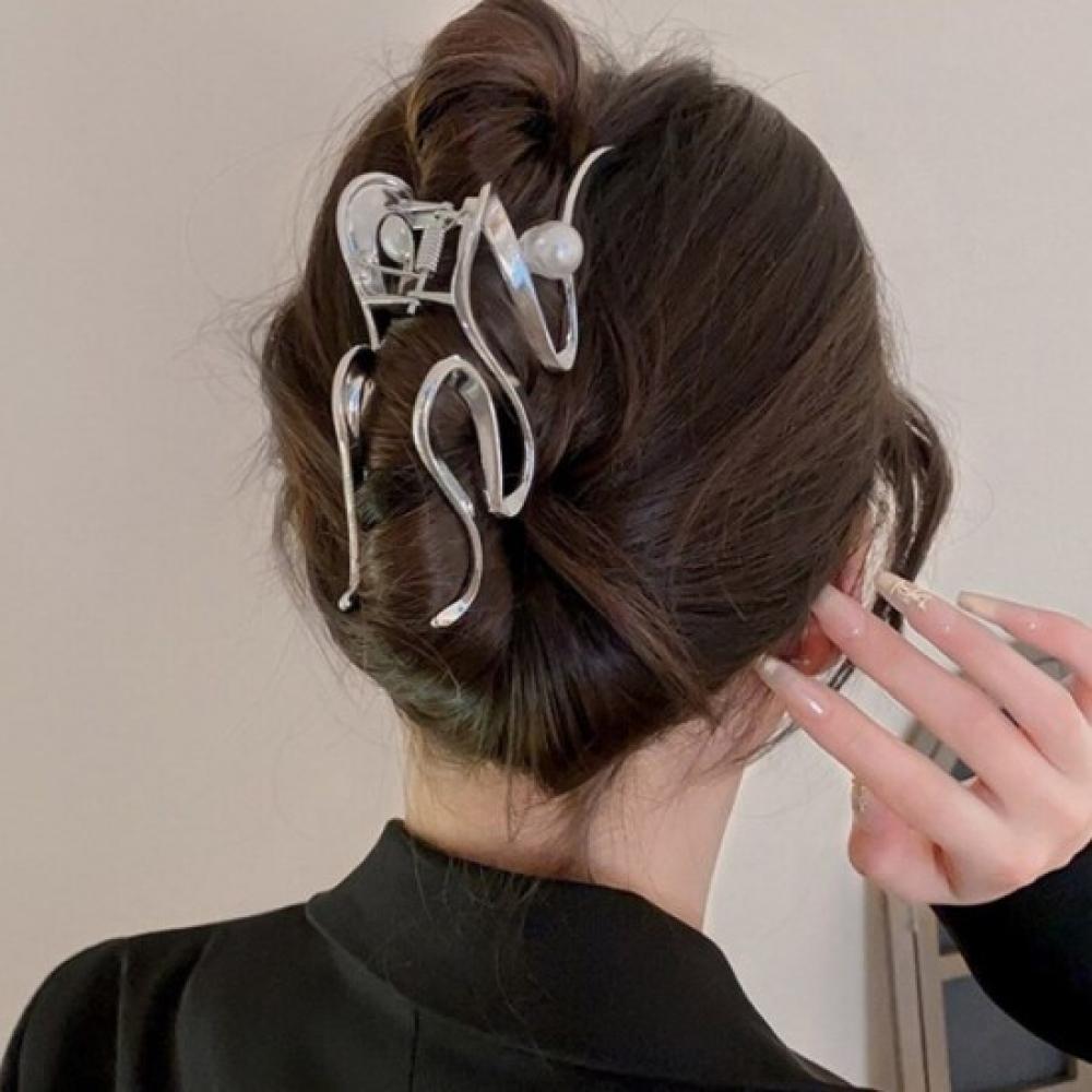 New Arrivals Open Run Wave Metallic Pearl Hair Clip King Hairpin