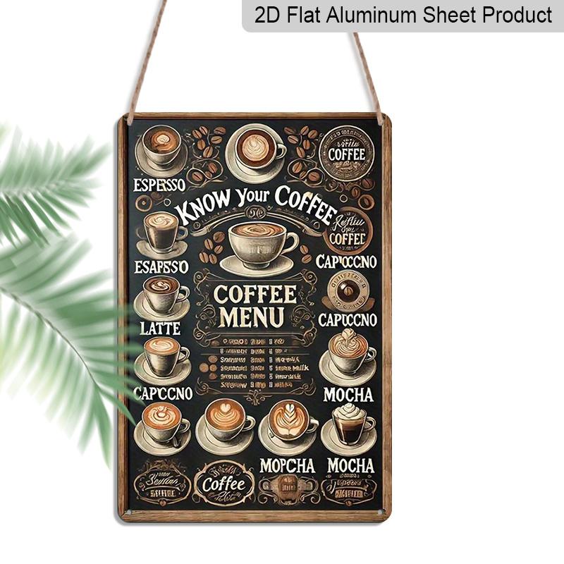 

2D Flat Vintage Coffee Menu Aluminium Wall Art - Espresso, Cappuccino, Latte, Mocha Plaques - Rustic Cafe Decor, Kitchen Decoration - No Electricity 20*30cm