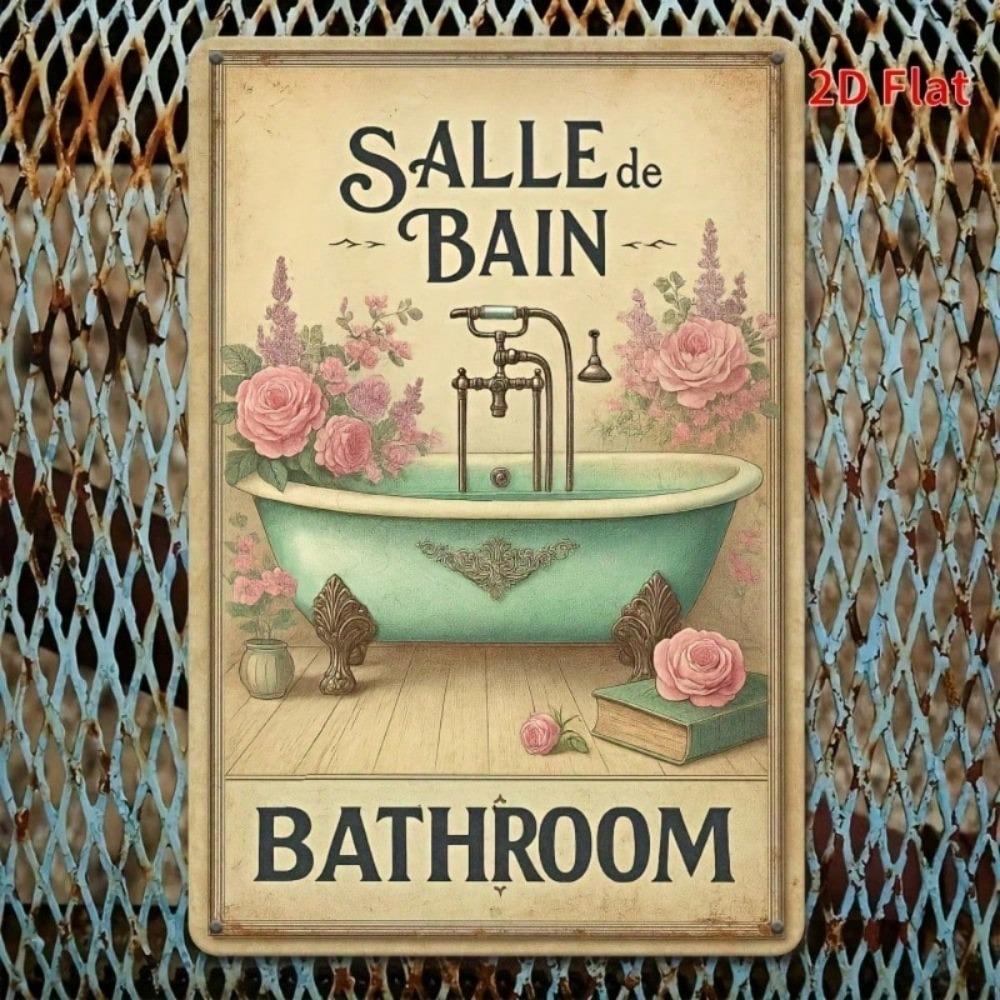 Vintage French 'SALLE DE BAIN' Bathroom Sign – 8x12 Retro Metal Plaque Wall Art, Funny 2D Decor for Cafe, Bar, Garage