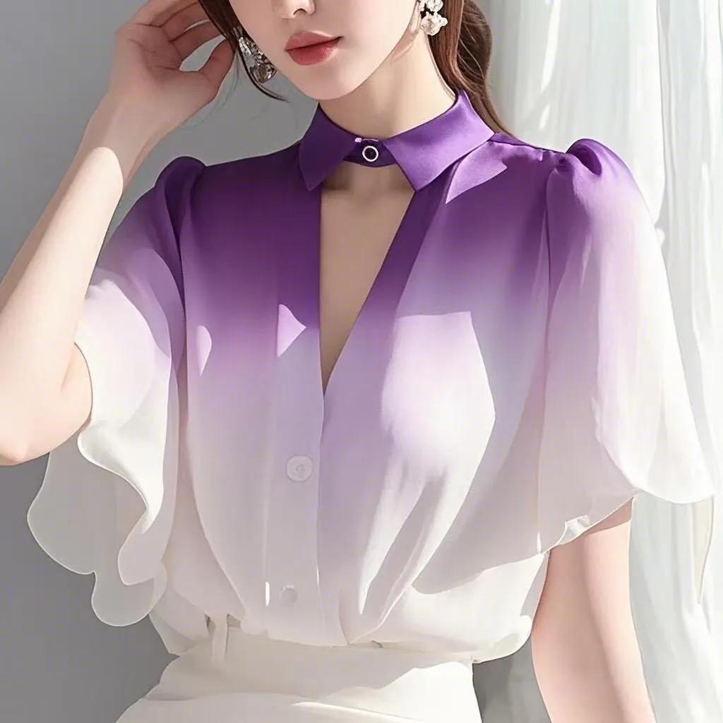 

Women s Summer Gradient-Print Blouse: A Chic French Chiffon Top 3XL фіолетовий