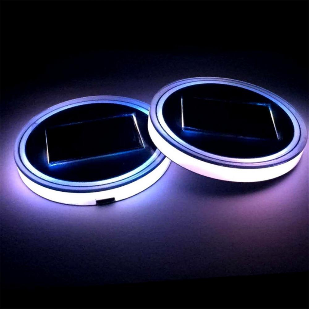 Pair 68Mm Round Solar+Usb Charging Car Cup Holder Bottom 7 Color Rgb Led Lights