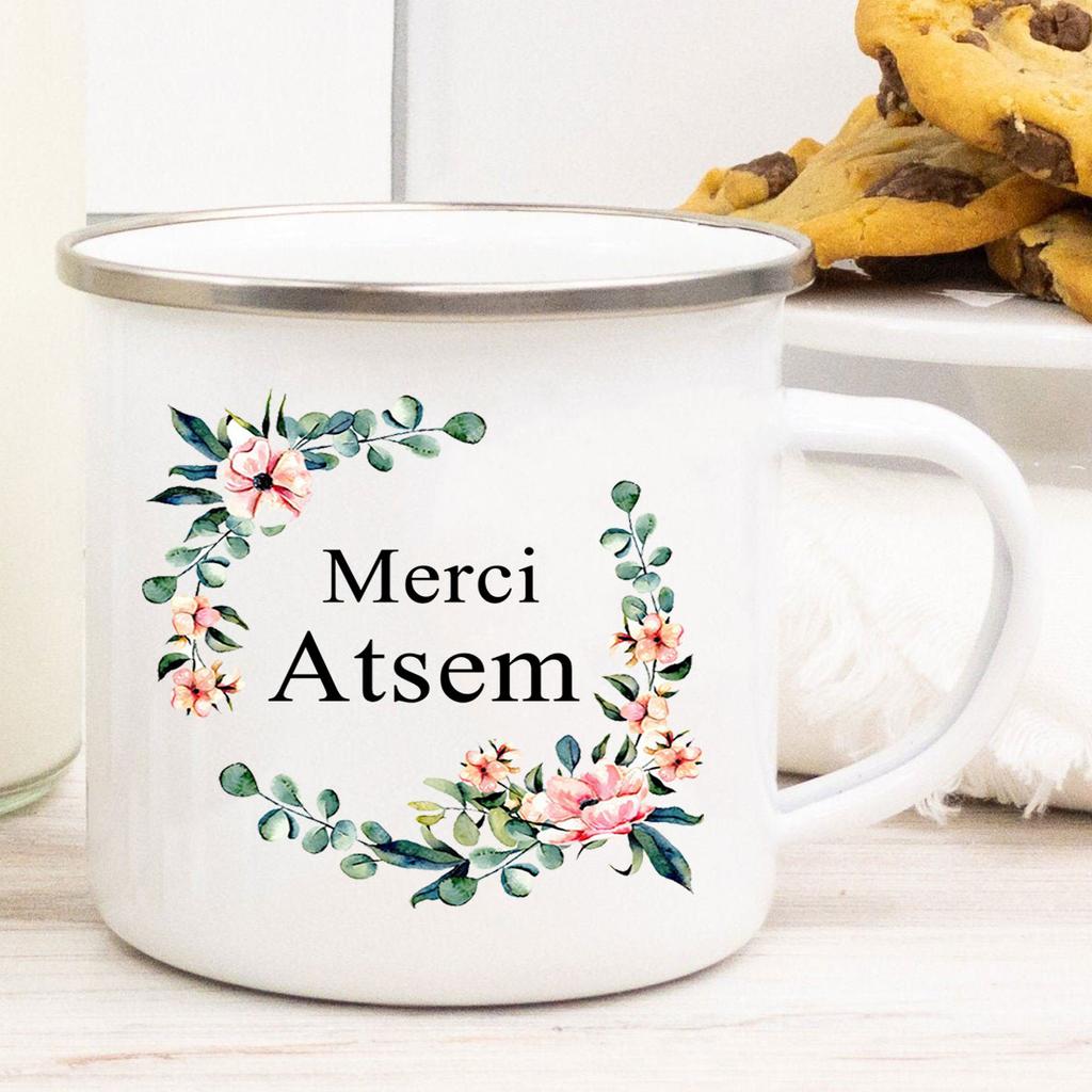 Französisch Danke Atsem Druck Emaille Tassen Kreative Kaffeetasse Getränke Saft Milch Tassen Schule Zuhause Henkel Trinkgeschirr Lehrergeschenke