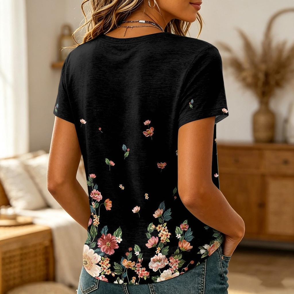 Damen Casual V-Ausschnitt Blumenprint Kurzarm T-Shirt Leichter Weicher Stoff Lockere Passform Oberteil für den Alltag
