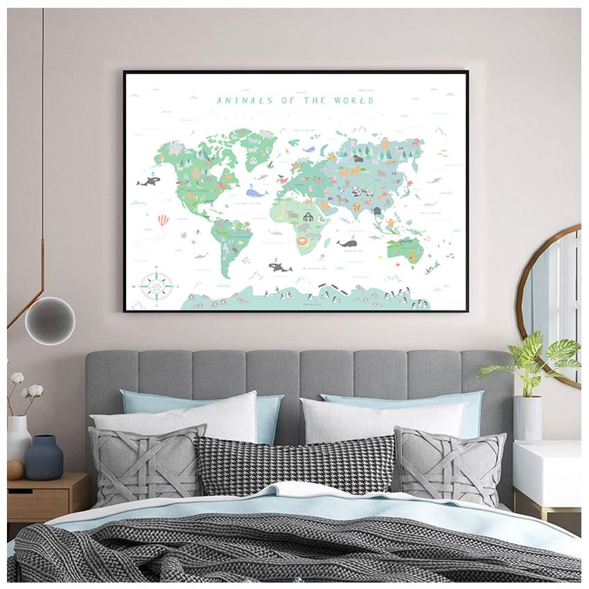 Educational Poster Cartoon Animal Kids Baby Room Decor Animals Illustration World Map Wall Art Picture Nursery Print Painting