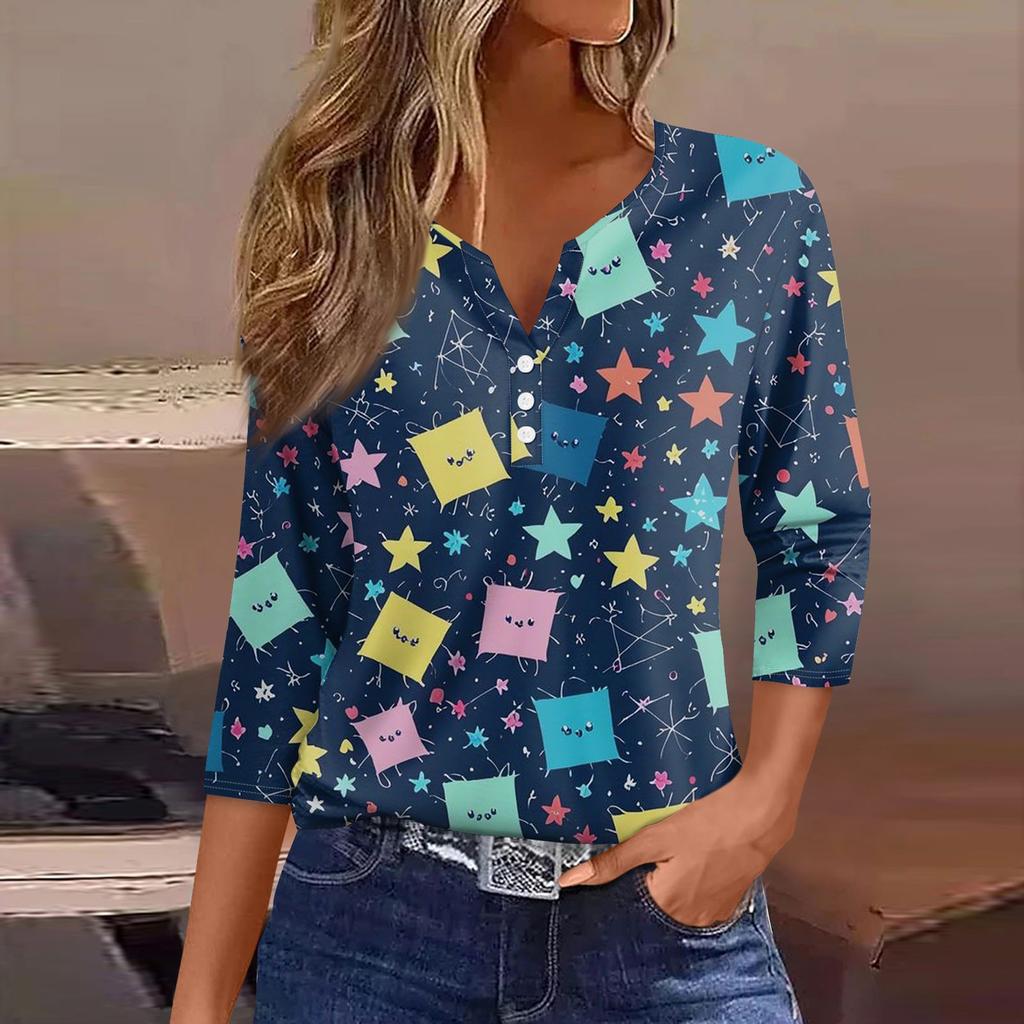 Women's Fashion Button V-Neck Seven Sleeve Cute Animal Print Casual Top