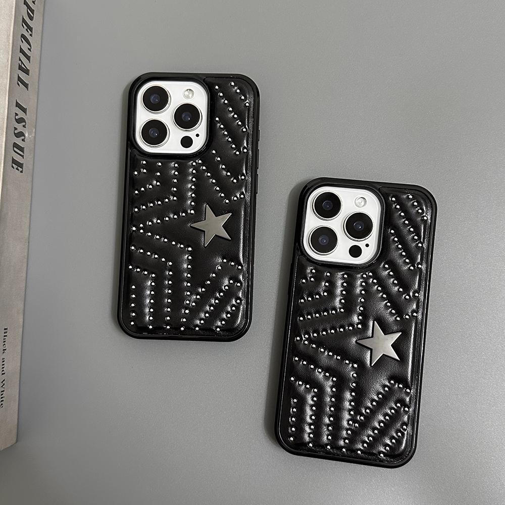 Fashion Silver Rivets Five-pointed Star Leather Shockproof Phone Cover Case for iPhone 17 16 15 14 Pro Max 13 Protective Case