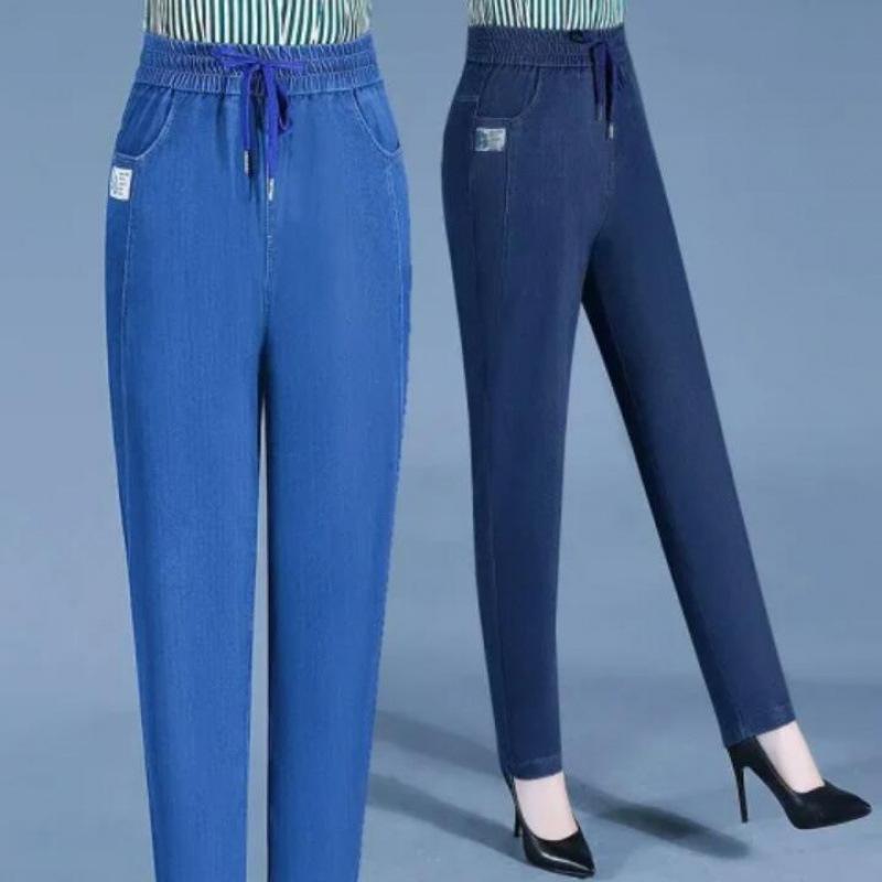 2026 Ice Silk Jeans Women's High Waist Elastic Soft Jeans Mother Elastic Waist Pants Summer Middle-aged and Elderly