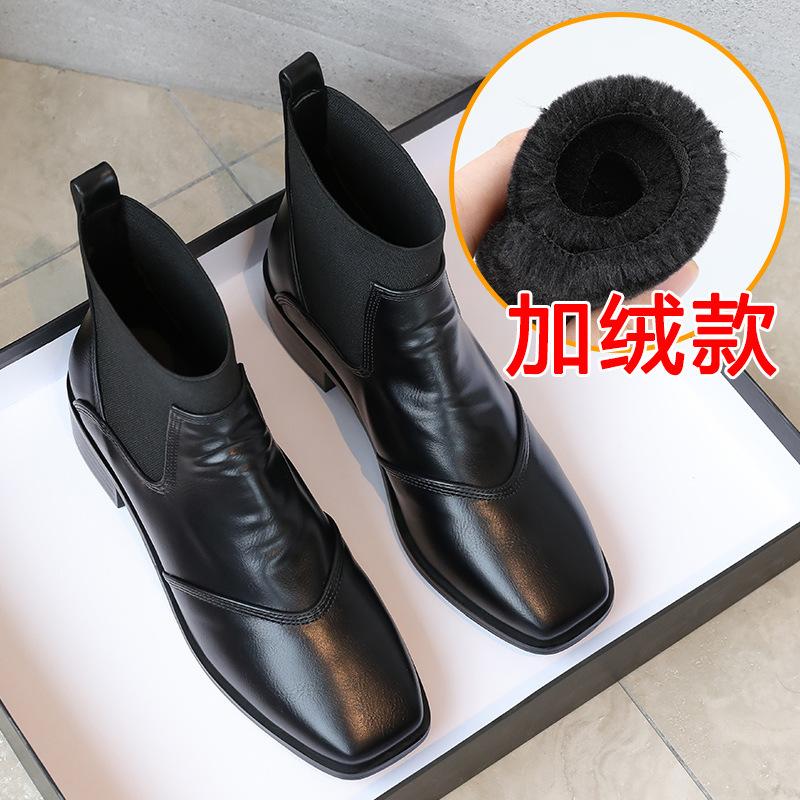 32-41 Genuine Leather Ankle Boots Comfort Women Short Boots Autumn Winter Mid Heel Square Toe Chelsea Elastic Boots For Women