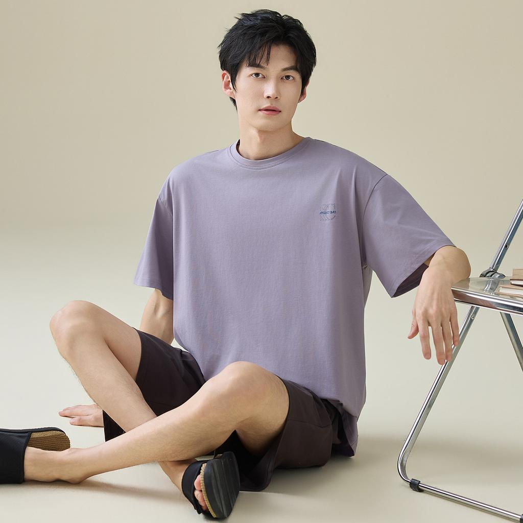 Men's Pajamas Summer Thin Solid Color Short-sleeved Shorts Loose and Simple Casual Style Pure Cotton Loungewear Can Be Worn Outside