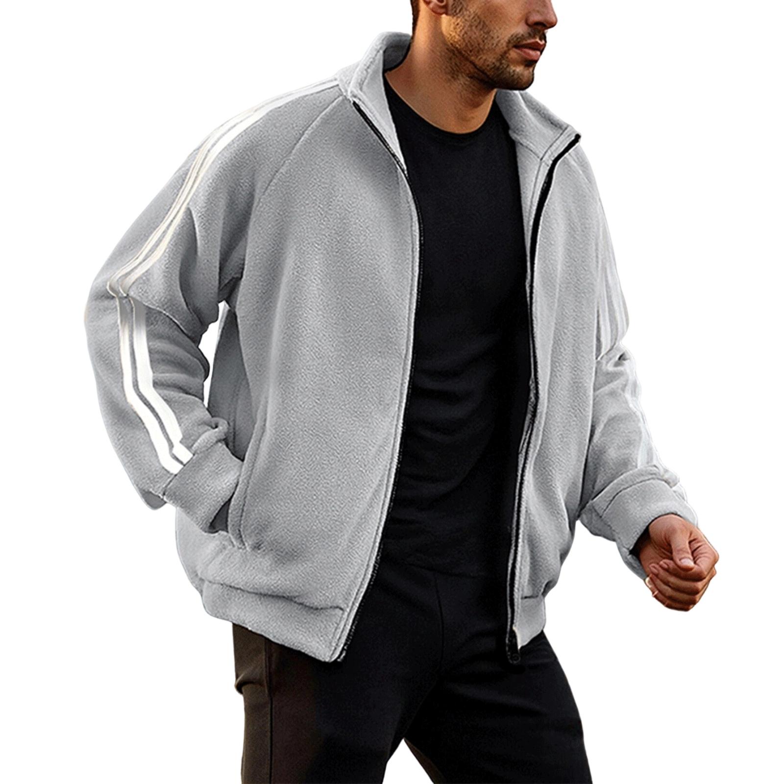

Men s And Women s Casual Double-sided Fleece Warm Jacket, Men s Striped Design Solid Color Zipper Stand-up Collar Sports Jacket XL