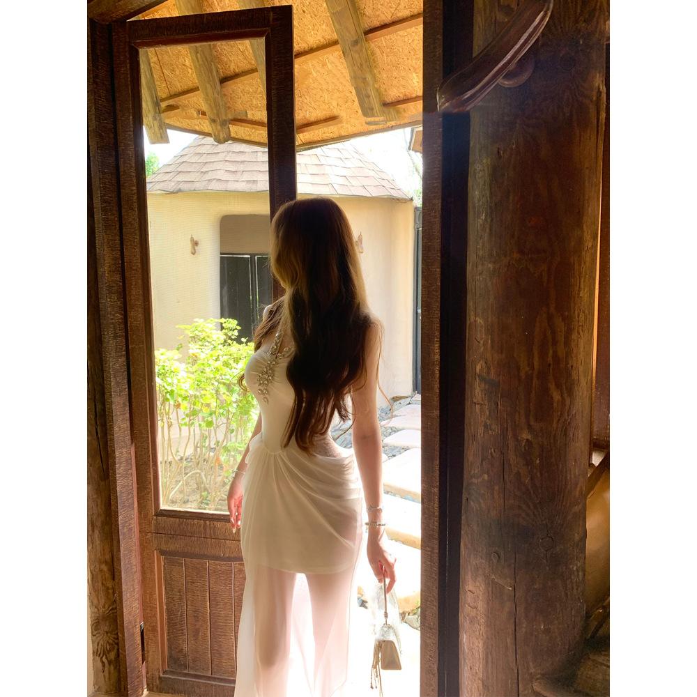 

Летнее новое платье в стиле чистого желания, женское высококлассное красивое длинное платье Spice Girl, платье с V-образным вырезом, инкрустированное бриллиантами, тяжелой промышленности XL- (recommended 110-60kg)