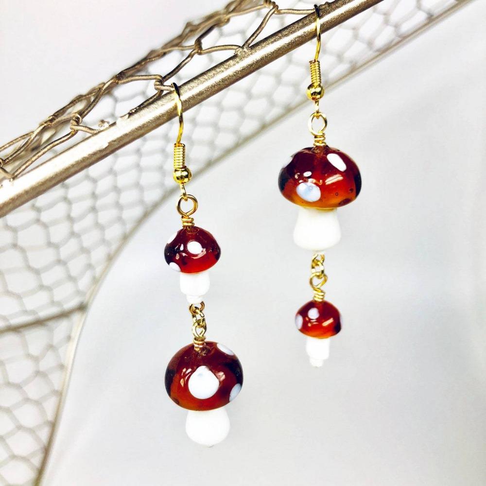 Cute Creativity Brown Lampshade Glass Mushroom Pendant Hoop Earrings for Women Bohemia Personality Piercing Jewelry Accessories